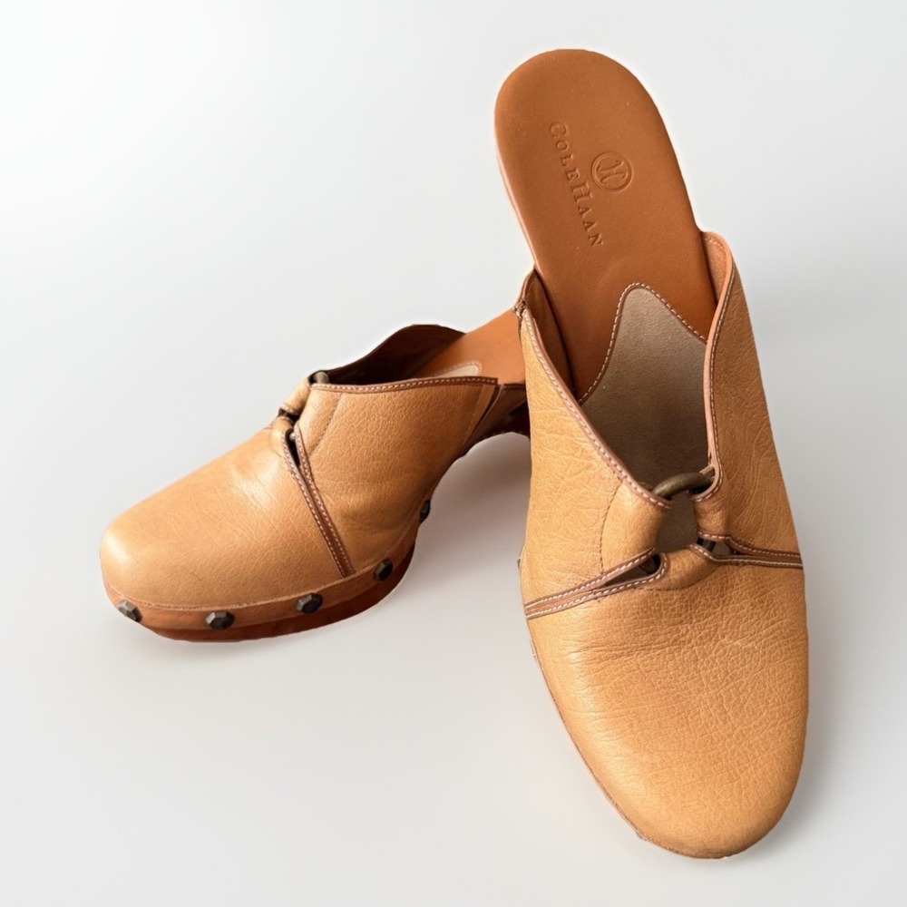 Cole Haan Shoes Womens Size 7 Beige Leather Studded Mule Clogs Heels D20197